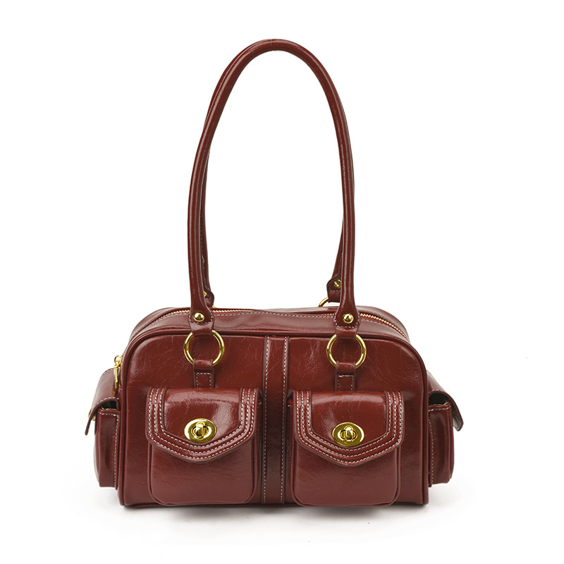 Luxury Vintage Motorcycle Bag For Women - New Fashion Large Capacity Boston Handbag, Versatile Shoulder Bag For Commuting - Thumbnail 5