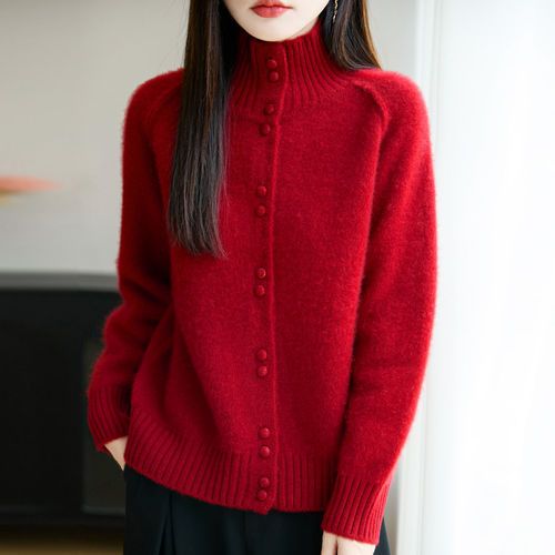 Heavy and thick 100% pure wool cardigan women's semi-turtleneck knitted sweater loose lazy warm base coat