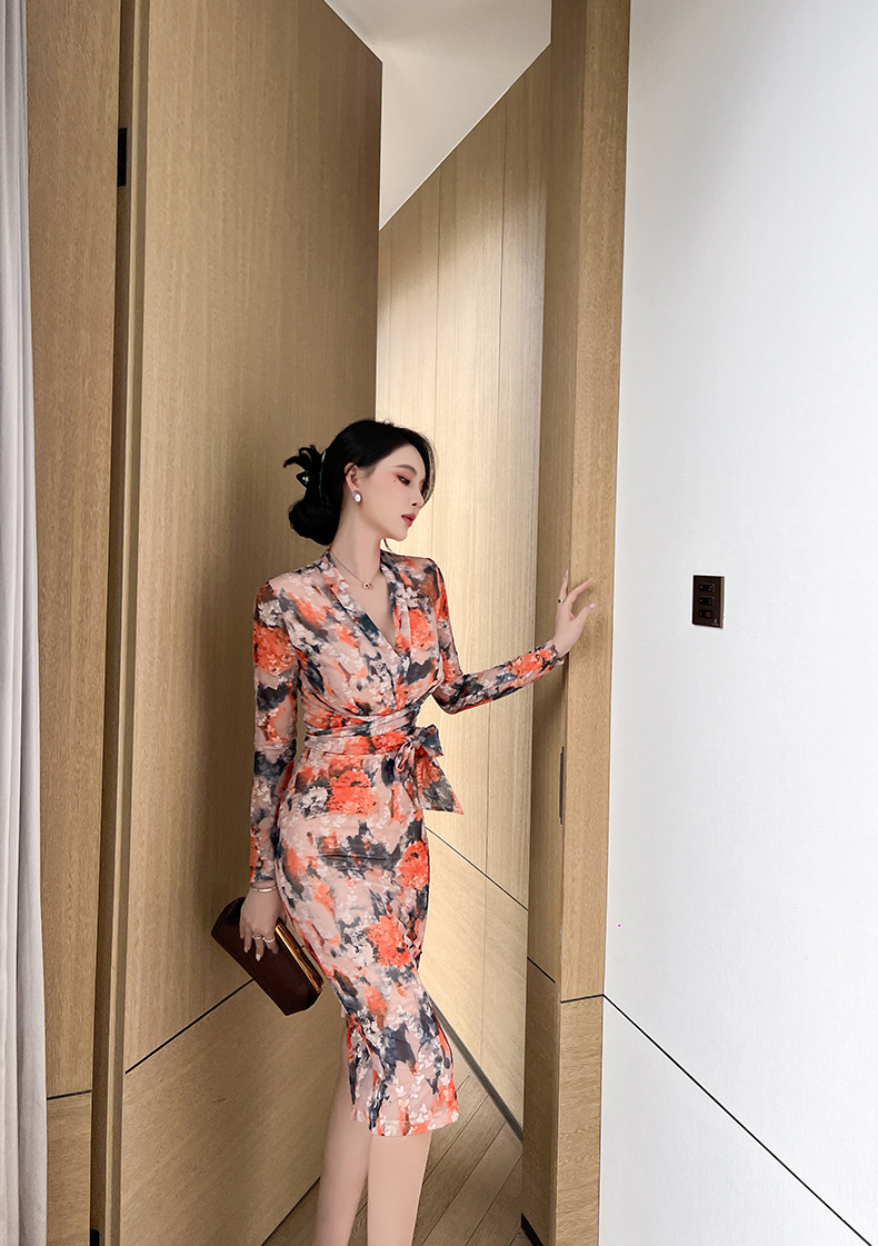 Đầm ôm body nữ dáng dài họa tiết hoa cổ điển thắt eo — Màu cam chi tiết 13