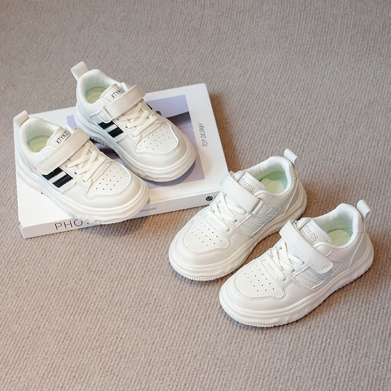 Детские кроссовки 2024 новый стиль для девочек мальчиков средних и средних лет студенты дикие дышащие белые туфли водонепроницаемые кожаные кроссовки
