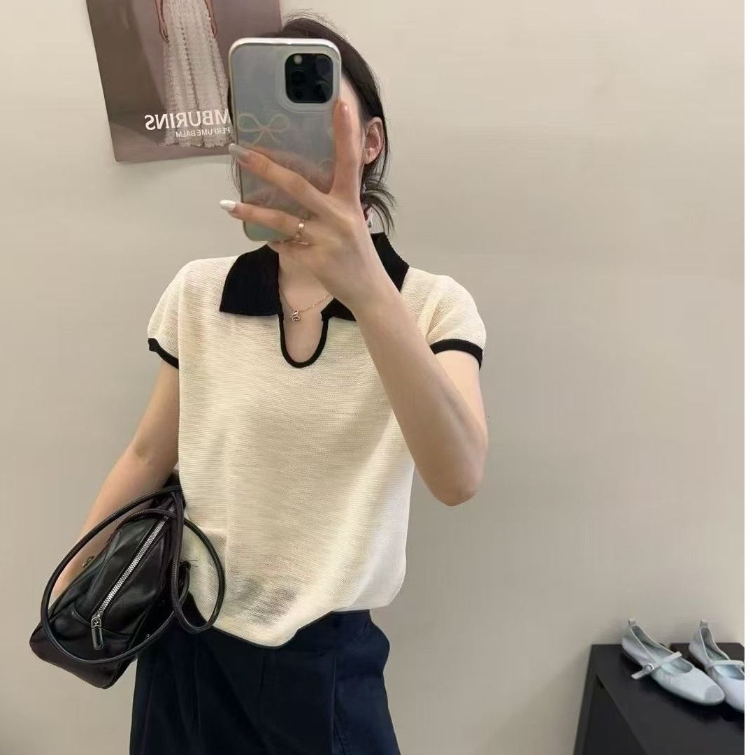 Áo len dệt kim phối màu cổ Đức tay dài nữ — Trắng chi tiết 2