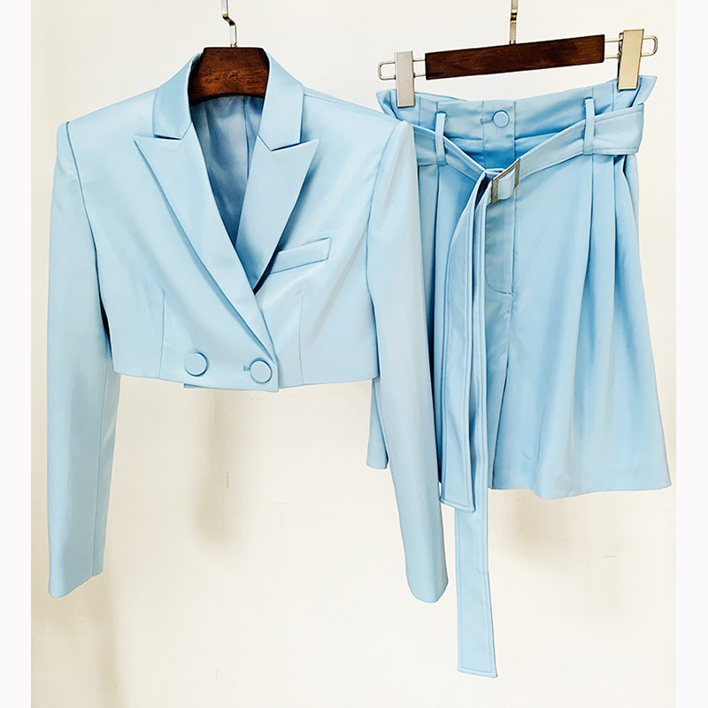 High Street Fashion 2026 Early Spring New Style Bright Satin Ultra-Short Blazer and Shorts Two-Piece Set