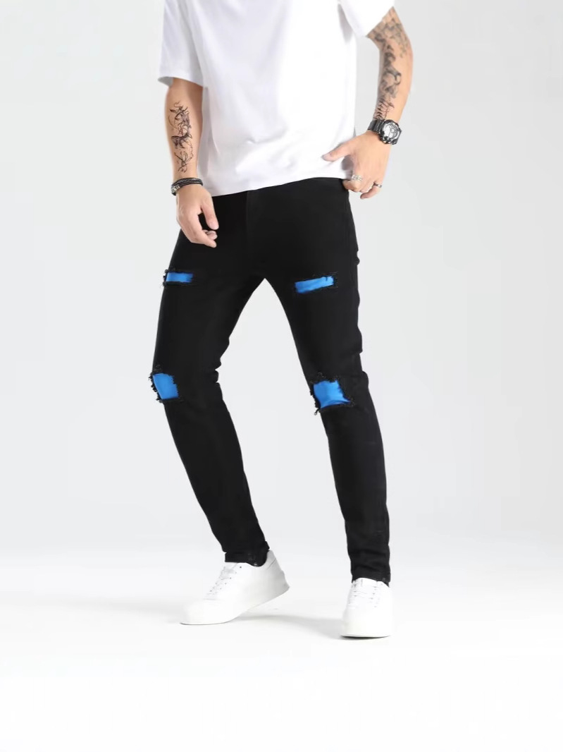 Nuevo agujero transfronterizo pie pequeño pantalones de hombre parche elástico de tendencia jeans de moda para hombre