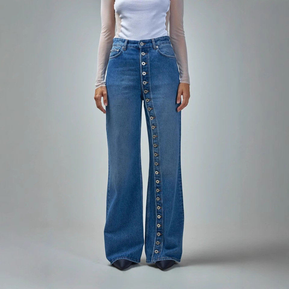 European and American Cross-Border American Retro Washed High Street Personalized Jeans for Women Autumn New Design Single-Breasted Straight Leg