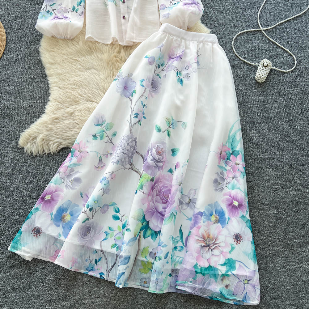 Women's French Retro Floral Print Two Piece Skirt Set Stand Collar Lantern Sleeves Slimming Maxi Skirt Autumn Style_ecoleips.com