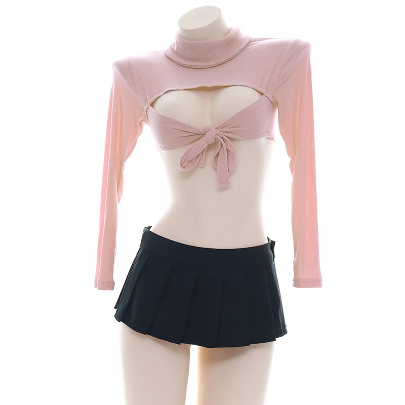 Modal sexy high collar lace up open chest rib suit Japanese women's home wear private room sleep t0208