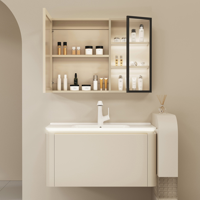 Cerámica integral lavabo moderno simple inodoro de madera sólida gabinete de baño combinación lavabo facial espejo inteligente gabinete lavabo