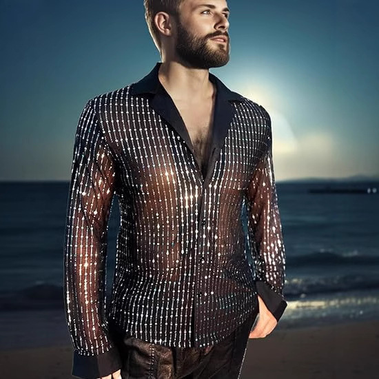 2025 New Amazon Foreign Trade Fish Scale Shirt Long-Sleeved Disco Party Ready Stock