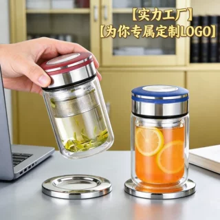 水杯大口径玻璃杯双层男女加厚高硼硅透明耐热茶杯商务礼品带盖