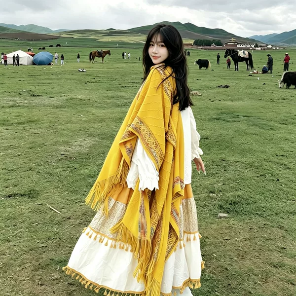 Yellow Ethnic-Style Shawl for Travel in Western Sichuan and Yunnan, Original Clothing from Northwest Xinjiang, Women's Outerwear Cape Shawl