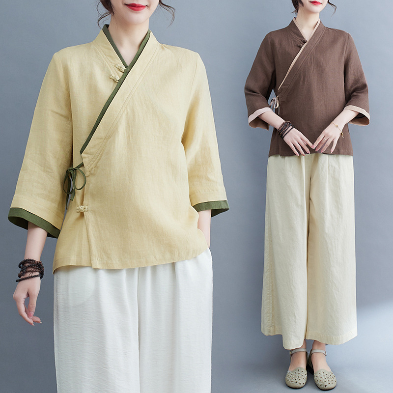 Spring and Summer 2025 Vintage Tang Suit Hanfu Modified Tea Man Suit Women's Zen Suit Zen Style Chinese Style Top for Women