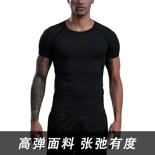 Cross-border European and American size short-sleeved fitness clothing quick-drying tight-fitting sports T-shirt running men's PRO elastic training suit breathable 