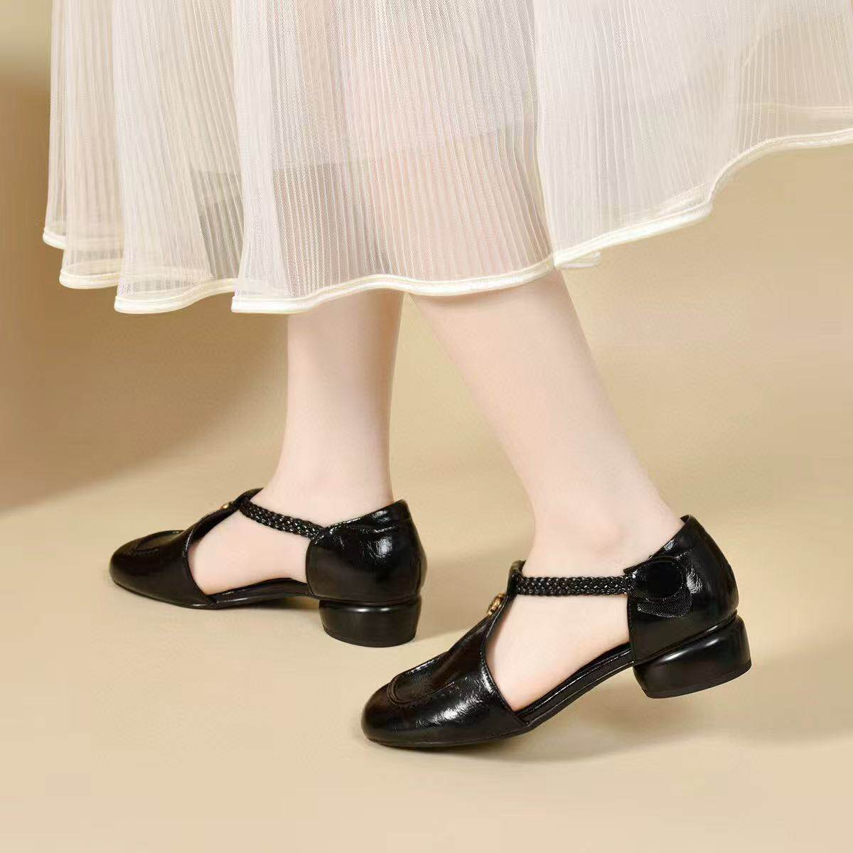 Sandal nữ da thật mũi tròn gót thấp đế mềm quai dán ma thuật — màu đen chi tiết 7