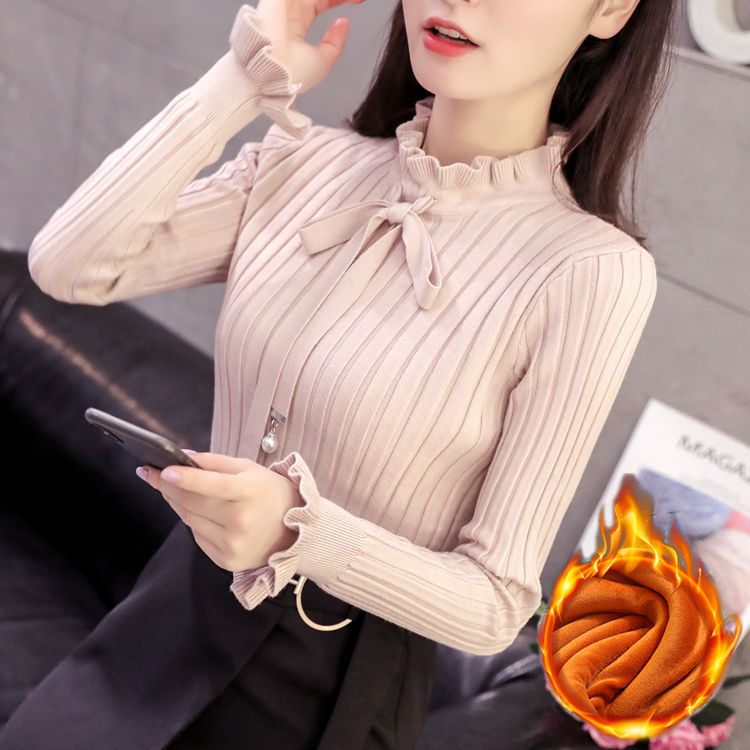 Bow New Arrival fleece-lined Knitwear Women's Autumn and Winter Korean-Style Long-Sleeved Slim-Fit Pullover Sweater Base-Layer Shirt with Ear-Edge