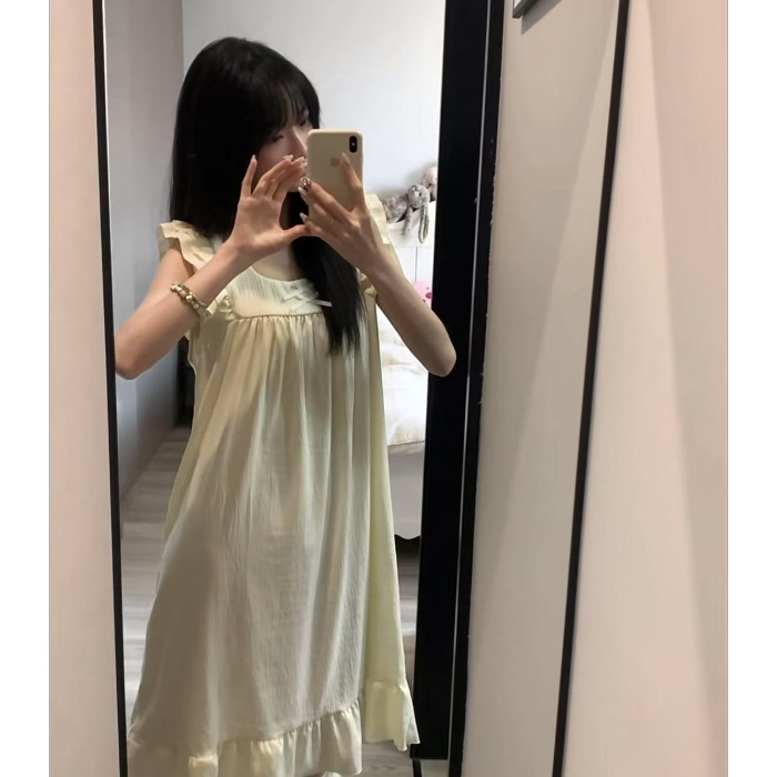 Verano nuevo estilo nube algodón color sólido camisón simple falda media femenina estilo delgado manga pequeña falda de camisón de hogar simple lindo