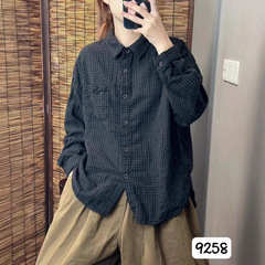 新品复古格子棉纱长袖衬衫女装翻领宽松休闲文艺衬衣