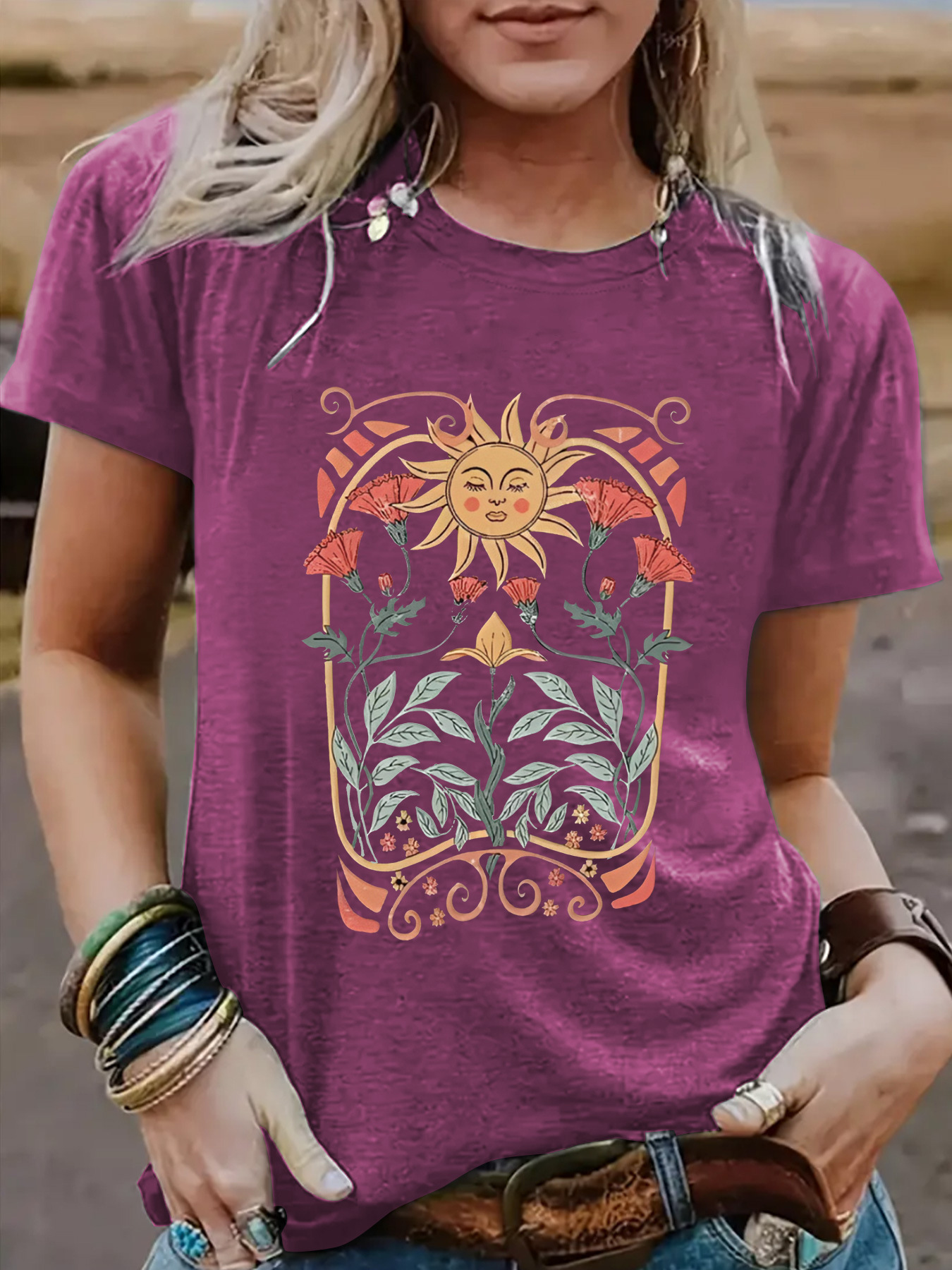 Amazon European and American summer women's sun flower pattern printing round neck short sleeve casual fashion foreign trade explosion T-shirt