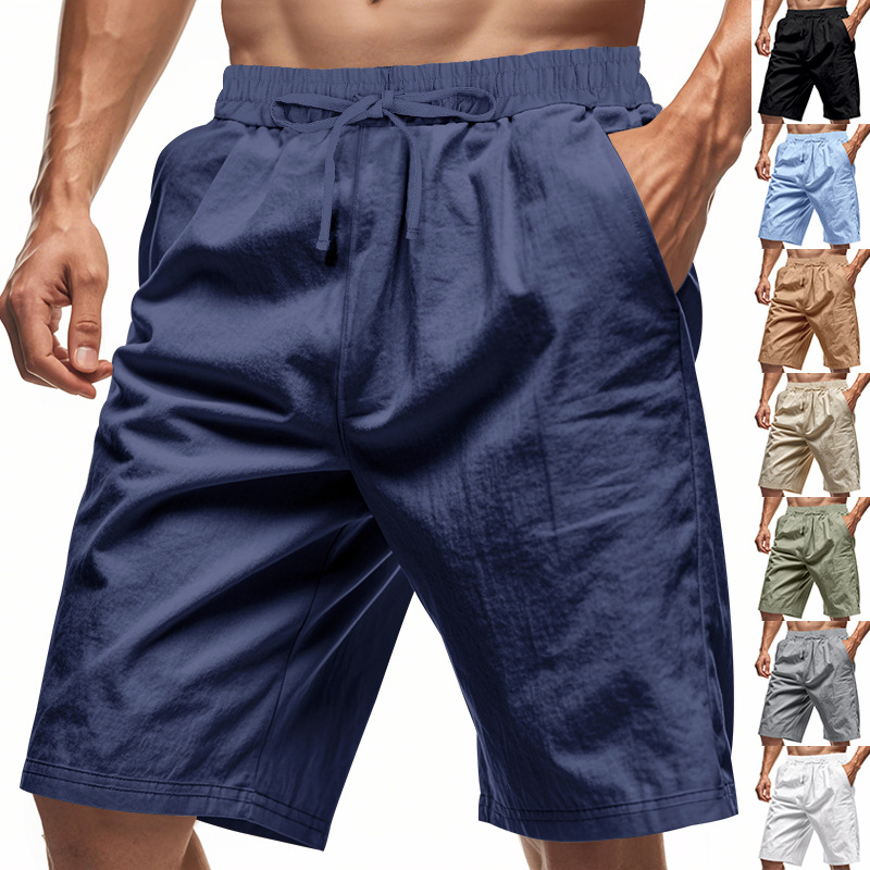 跨境亚马逊夏季男士休闲裤新款短裤纯色光板简约亚麻沙滩裤男批发