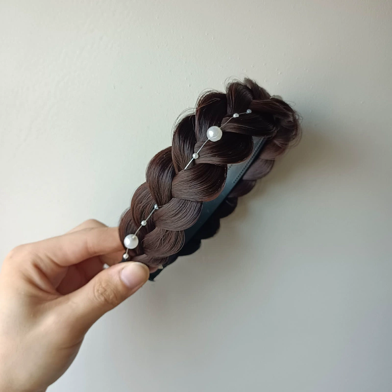 handmade wig headband with pigtail, scalloped hair accessory, matte silk, Ø≈15 cm