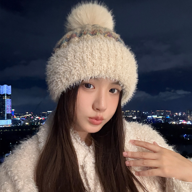 韩版冬季新品帽子女款加绒保暖针织帽可爱毛球护耳一体毛线帽批发|undefined