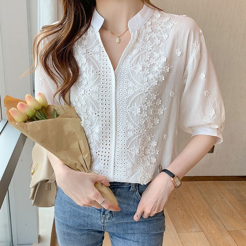 2023 verano bordado de manga corta para mujer camisa de gama alta para mujer camisa de cuello fino para mujer estilo chino retro camisa pequeña