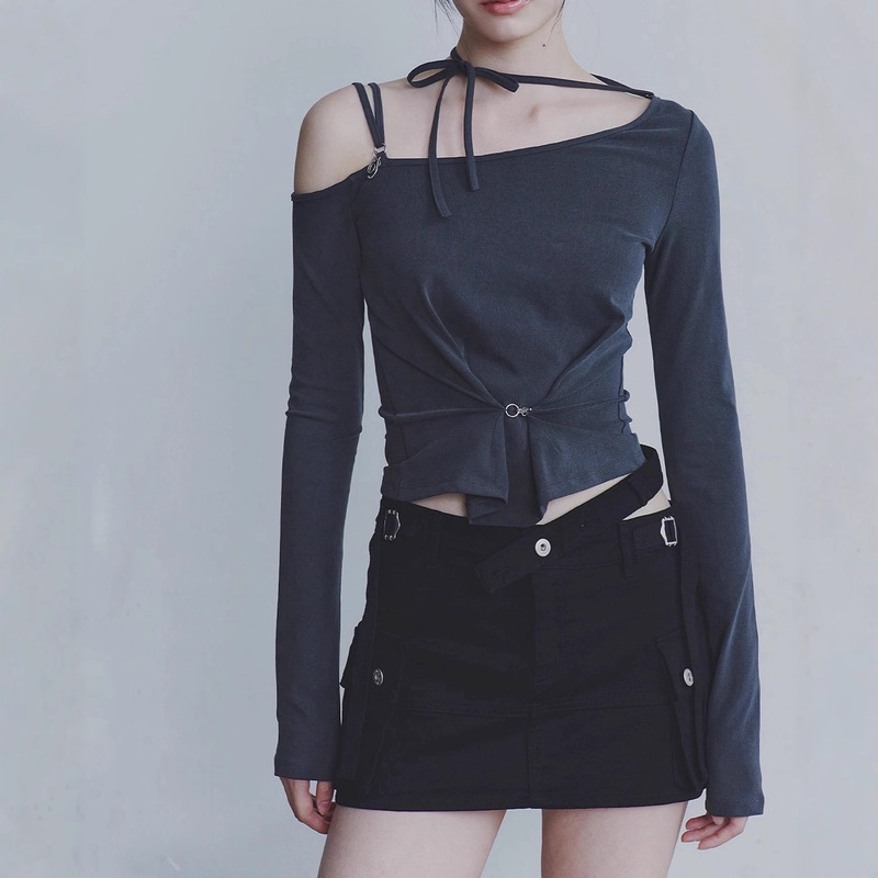 In Stock 25 New Korean Designer Brand Korean-Style Lace-Up Off-Shoulder Long-Sleeve T-Shirts for Women, Slim-Fit Tops for Layering