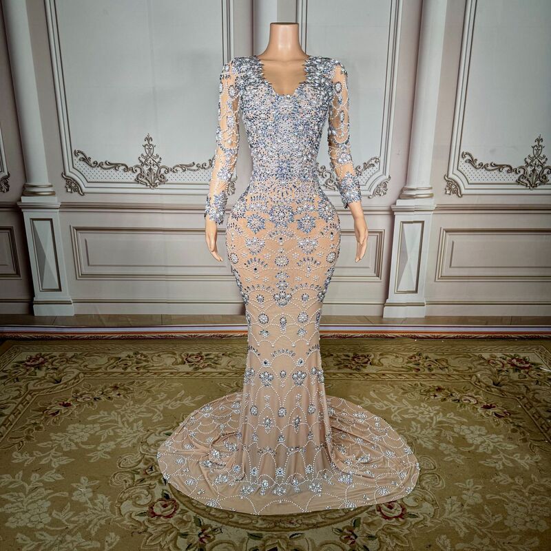 Sparkling Rhinestone Silver Dress Women's Evening Party Elegant Mermaid Dress Gorgeous High-End Party Long Sleeve Evening Gown