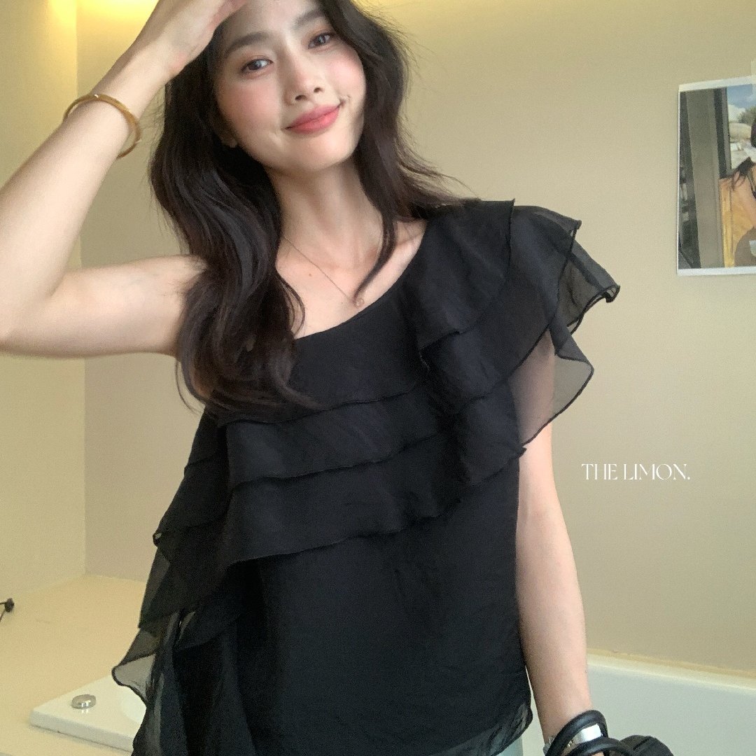 Áo sơ mi nữ một vai xếp tầng phối ren, tay ngắn, phong cách Hàn Quốc — màu đen, Màu cà phê, màu cam, màu mơ