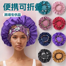 跨境大号色丁成人仿真丝睡帽民族风印花弹力宽边头巾帽美容帽子