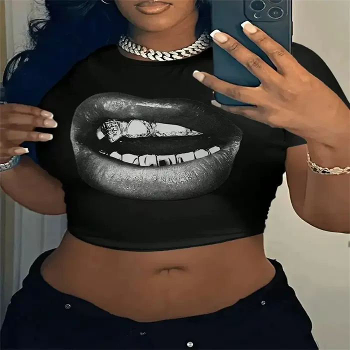 跨境欧美夏季新款修身显瘦辣妹性感短款小清新图案印花T恤 女上衣