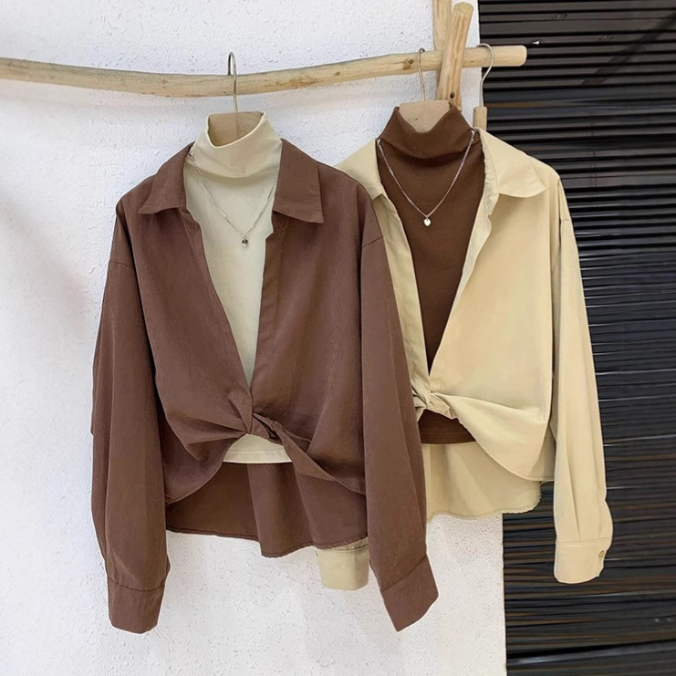 Coffee-Colored Shirt Korean Style 2026 Spring New Long-Sleeve Turn-Down Collar Shirt Ribbed Vest Two-Piece Set Top 7723