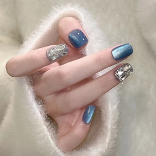 Short blue glass beads cat's eye with diamond wearable nail removable nail piece nail patch finished product wholesale