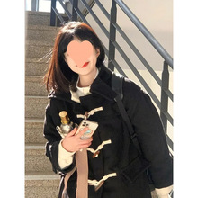 牛角扣毛呢外套女中长款2025秋冬新款赫本风小个子连帽呢子大衣潮