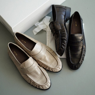The*Row Eel Skin Retro Pleated Casual Shallow Flats Shoes Work Clothing Loafers Small Leather Shoes Women's Comfortable
