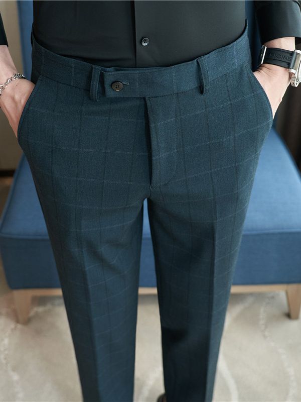 Pantalones de traje de hombre al por mayor de comercio exterior pantalones casuales de negocios pantalones de Traje a cuadros delgados sin planchar pantalones de hombre verde image 5