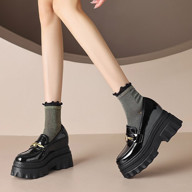 Giày loafer nữ đế xuồng cao gót 9 cm, mũi tròn, da bóng, tăng chiều cao — màu đen