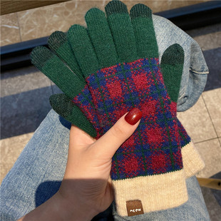 Japanese-Style Color-Block Plaid Touchscreen Warm Gloves for Women, Autumn and Winter New Knitted Fleece Driving Cycling Mori Girl Student