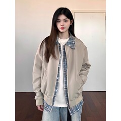 老钱风假两件外套男女春秋季新款拼接撞色宽松cleanfit飞行服夹克