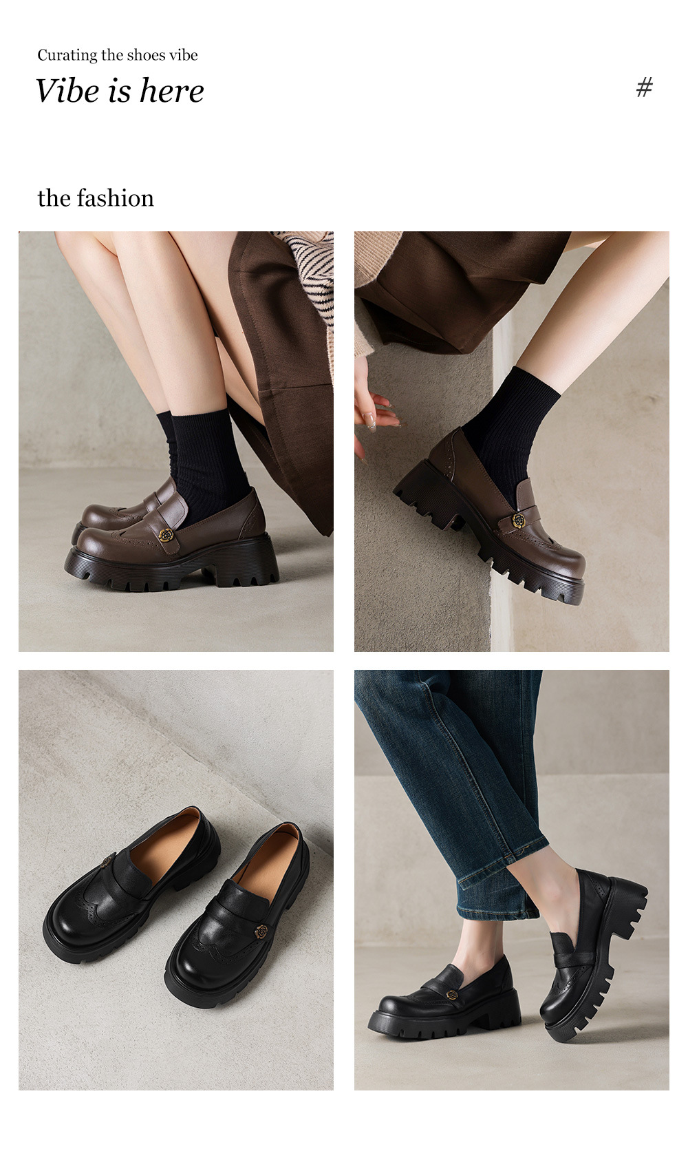 Giày loafer nữ đế xuồng phong cách Anh cổ điển, mũi tròn, gót cao nhỏ, họa tiết hoa sơn trà — màu nâu chi tiết 1