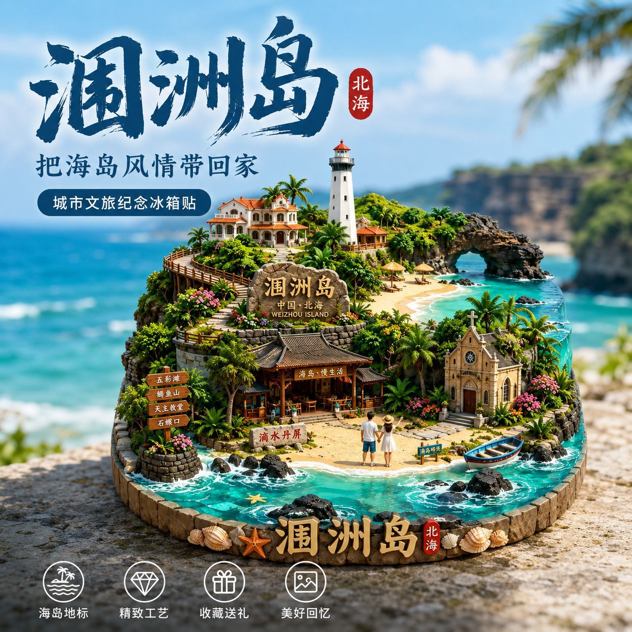 涠洲岛金属冰箱贴浮雕旅游景点纪念品文创伴手礼磁吸装饰门贴冰箱