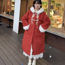 森之坞 新中式国风刺绣连帽中长款毛呢外套牛角扣毛毛呢大衣甜美