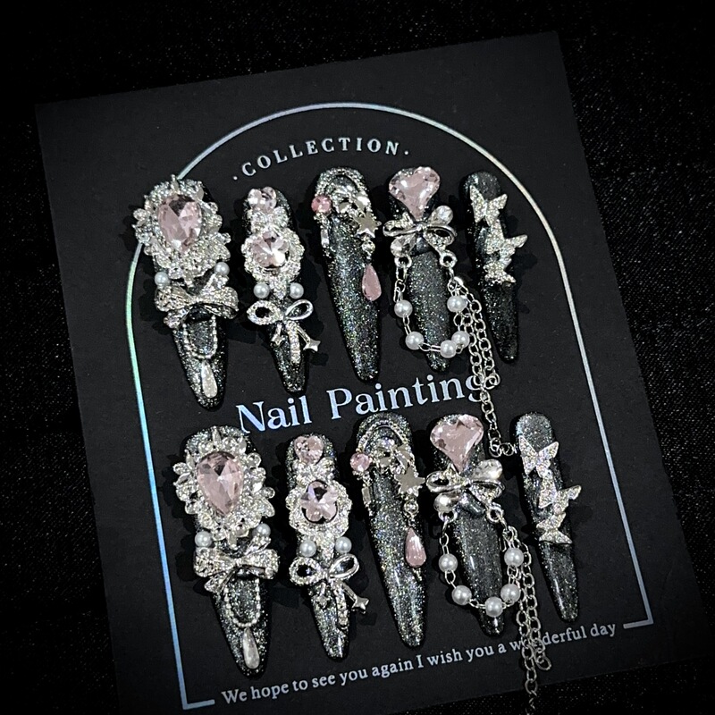 Handmade high-end black cat-eye long nail art pieces, European and American heavy-duty silver full-diamond fake nail patches Handmade high-end black cat-eye long nail art pieces, European and American heavy-duty silver full-diamond fake nail patches