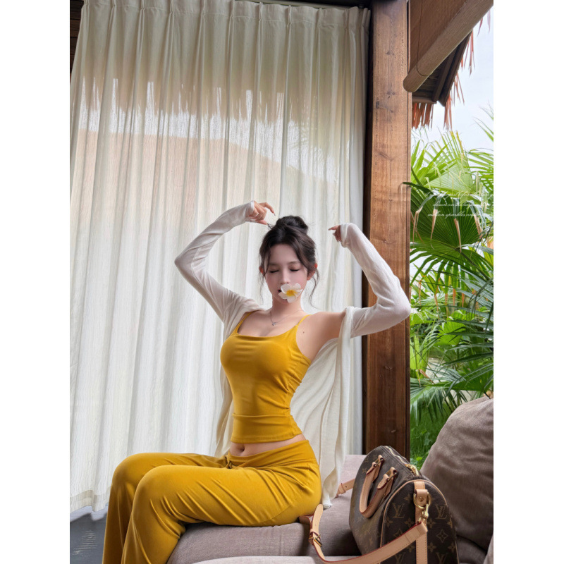 Private Comfort Line: Women's Slim-Fit Straight-Leg Casual Pants Set with Built-In Chest Pads and Knit Camisole Private Comfort Line: Women's Slim-Fit Straight-Leg Casual Pants Set with Built-In Chest Pads and Knit Camisole