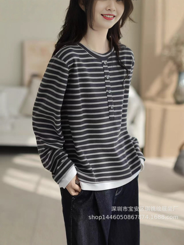 琪镌绘制秋季新款打底衫女条纹系扣半开领长袖T修身显瘦内搭上衣|undefined