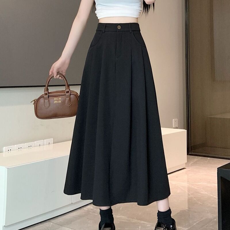 春と秋の女性用黒スーツスカート、ミドル丈、ハイウエスト、スリム、ドレープ、Aライン、大きな裾のアンブレラスカート、プリーツロングスカート|undefined