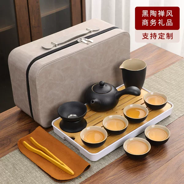 Black pottery tea set suit one pot six cups travel tea set portable simple outdoor teapot high-end gift box logo