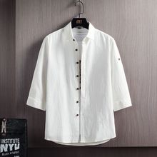 七分袖衬衫男短袖夏季棉麻休闲衬衣白色韩版潮流中袖寸衫外套