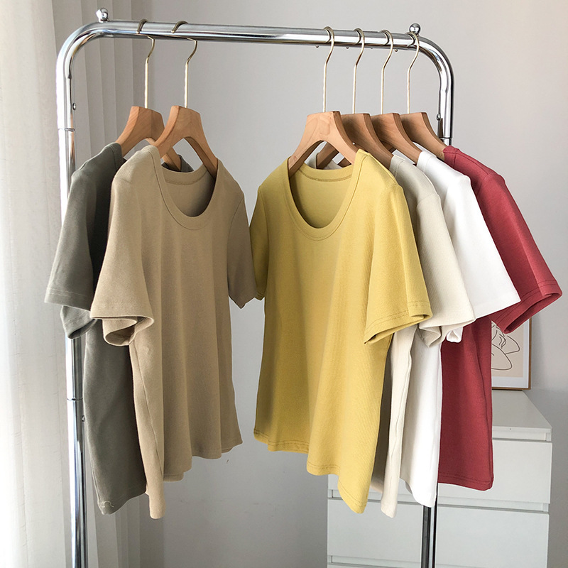【Water Drop U-Neck T-Shirt】Ribbed Pure Cotton Short-Sleeve T-Shirt for Women, Trendy Ins-Style Spring/Summer Top, Loose-Fitting Base Shirt, Trendy Brand