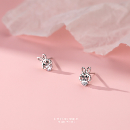 999 Silver Plated Rhinestone Rabbit Ear Studs for Women, Cute and Trendy, Instagram Style, Unique Design, Wholesale Women's Stud Earrings