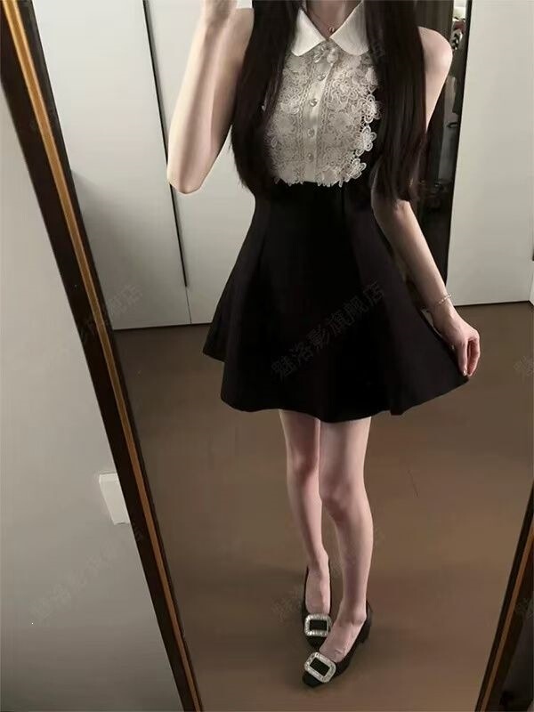 Rich Girl Style Black Sleeveless Vest Dress with Summer Lace Design, Waist-Cinching A-Line Puffy Skirt Rich Girl Style Black Sleeveless Vest Dress with Summer Lace Design, Waist-Cinching A-Line Puffy Skirt